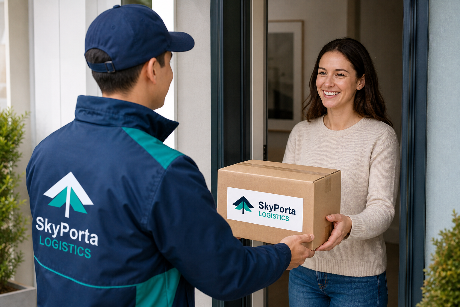 SkyPorta Logistics courier handing over a parcel