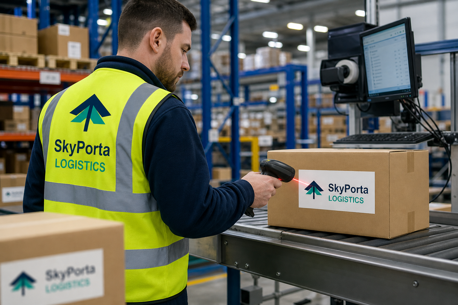 SkyPorta Logistics warehouse worker checking parcels